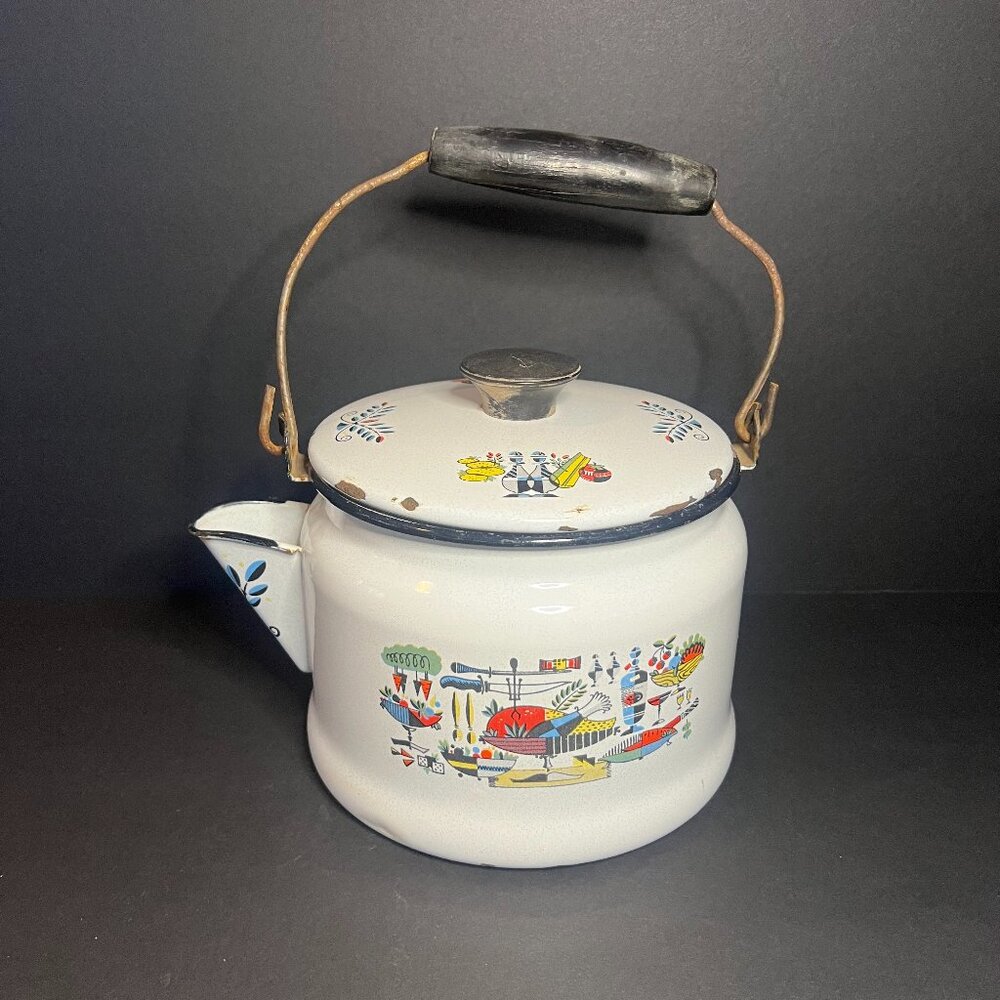 Vintage MCM 1950s Rare Thanksgiving Themed White Enamel Tea Kettle Pot w/ Handle